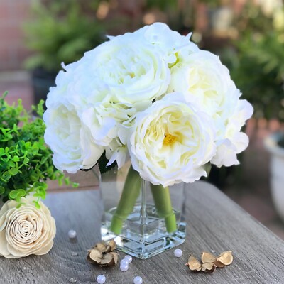 Artificial Mixed Peony Hydrangea Faux Flower Arrangement w Glass Vase Faux Water