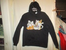 Kitty Cats Eating Ramen Noodles Black Hooded Sweatshirt L Pullover Cotton Poly