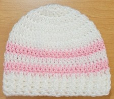 Beanie 3-6 Months Hat Baby Girl 1 Each Handmade Crochet Striped White Soft Pink