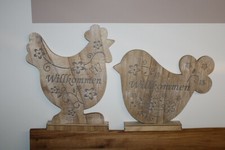 Willkommensfigur aus Holz Vogel oder Huhn, LED, mit Willkommensgruß, H 36/48 cm