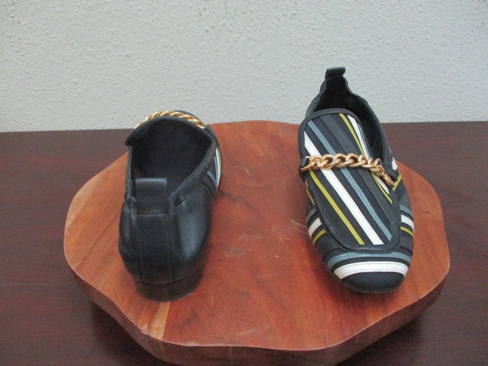 Zapatos Mocasines Tory Burch Jessa 11M Para Hombres Azul Malla Rayas Cuero Sin Cordones Planos Foto 4 de 4