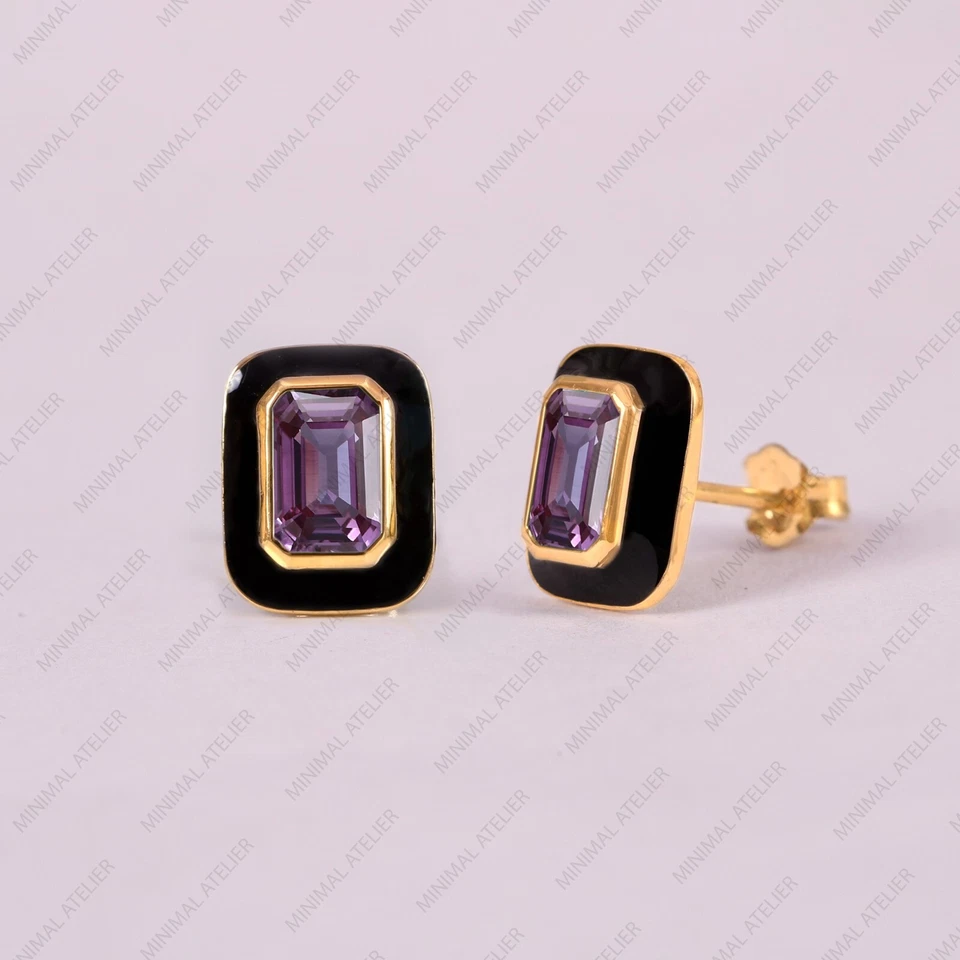 Tachuelas Esmalte Citrino Amatista, Tachuelas Plata 925, Pendientes Regalo Cumpleaños. Foto 2 de 4