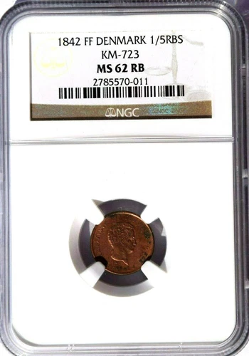 1842 FF Denmark 1/5 Rigesbankskilling, NGC MS 62 RB, KM-723, Red/Brown