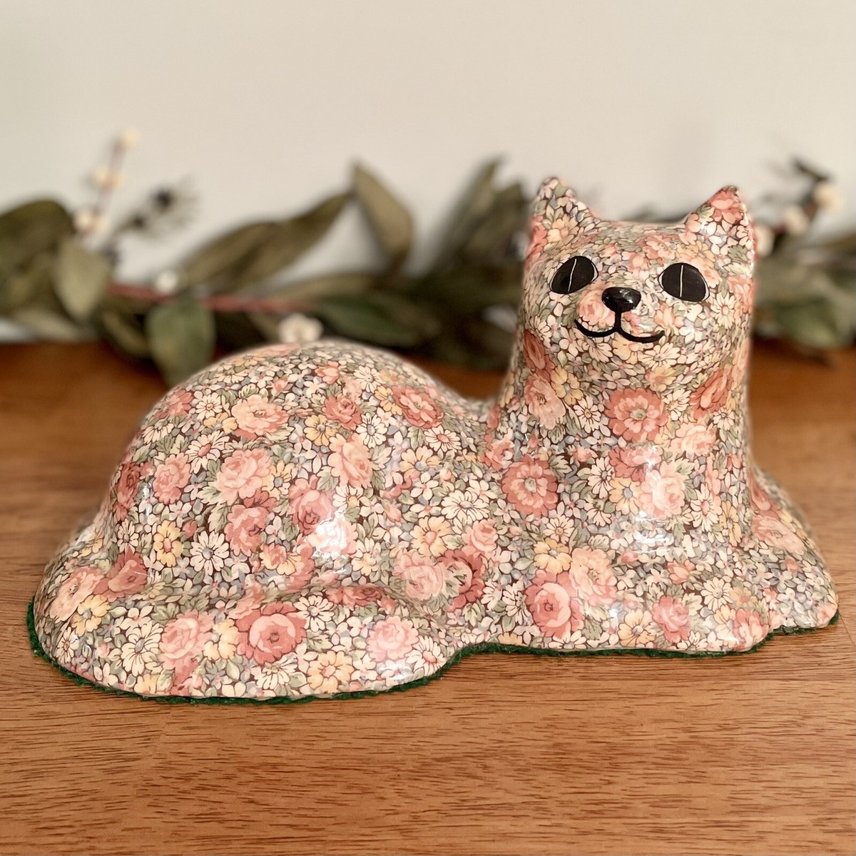 Vintage Ceramic Cat Pink Green Floral Chintz Kitten Lying Down