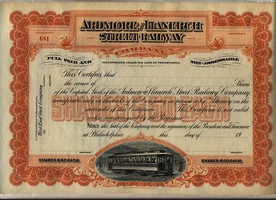 Ardmore /& Llanerch Street Railway Company Stock Certificate Pennsylvania