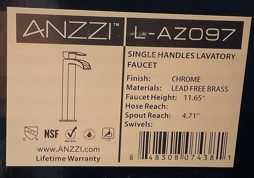 ANZZI Single Handle Lavatory Faucet L-AZ097 Chrome 11.65” Tall W /Pop Up Drain - Picture 5 of 5