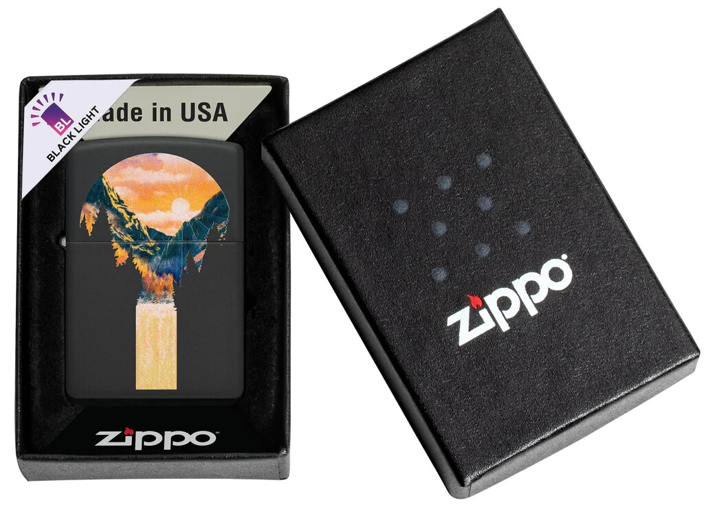 Zippo 48676,  Mountain Waterfall Glow in Black Light Design, Black Matte Lighter