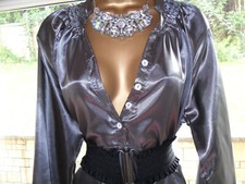 LA REDOUTE 12 14 SHINY SATIN BLOUSE GLOSSY PEWTER GREY SECRETARY shirt top M cd