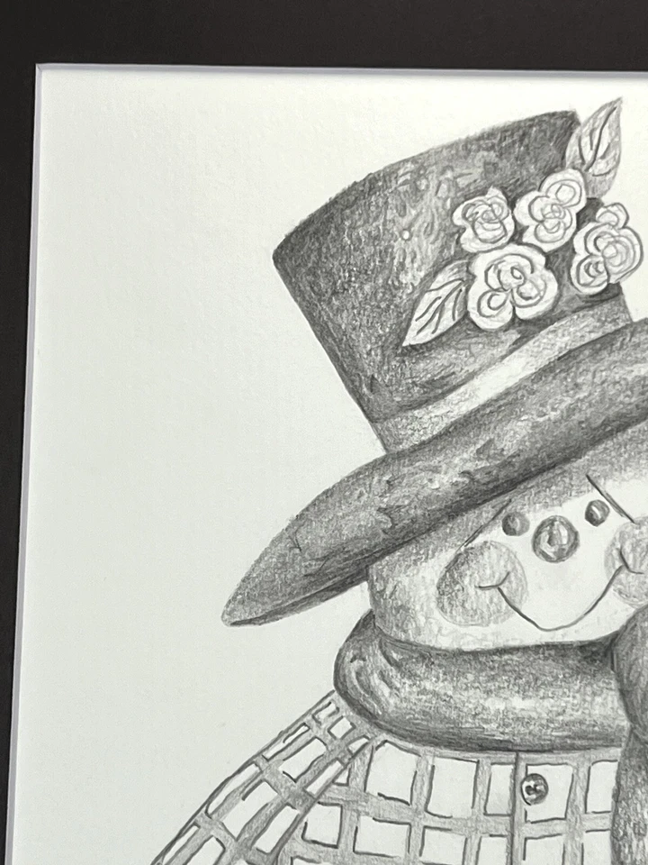 Original Lápiz Dibujo Muñeco de Nieve Invierno Sombrero Bufanda Mitones 14x11” Bellas Artes Foto 4 de 4