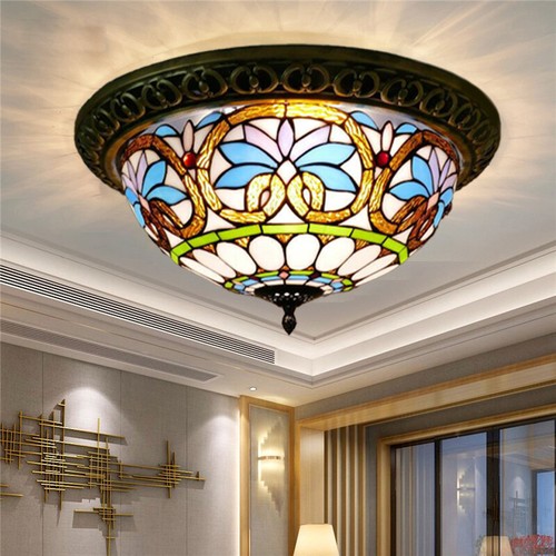 Tiffany Flush Mount Light Stained Glass Chandelier Ceiling Fixture 12'' W Round - Picture 4 of 10