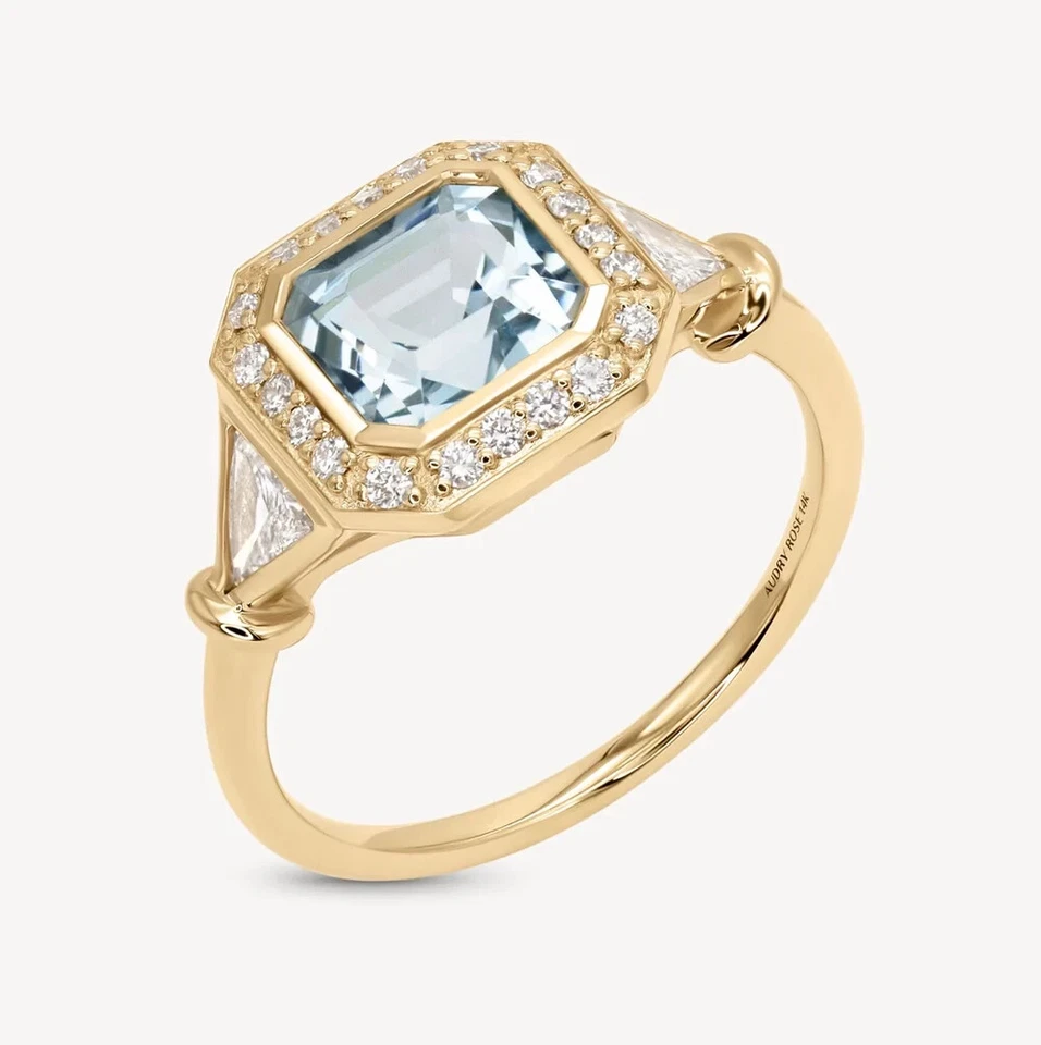 4Ct Asscher Cut Simulated Aquamarine/CZ Women Fancy Ring 14K Yellow Gold Plated - Image 2 of 4