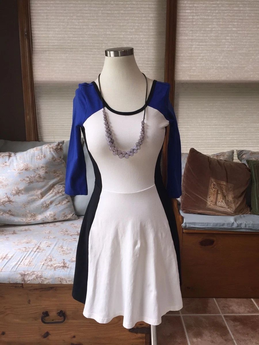 Express Black White Royal Blue Color Block Stretch Dress XS Fit Flare