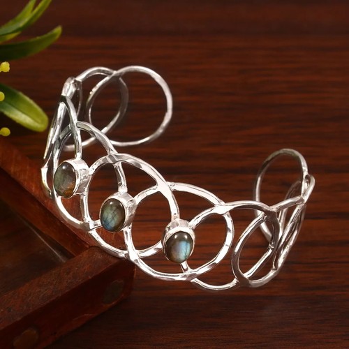 Bracciale Rigido Placcato Argento 925 Con Pietra Turchese Blu - Fatto A Mano In India, 1 Pezzo