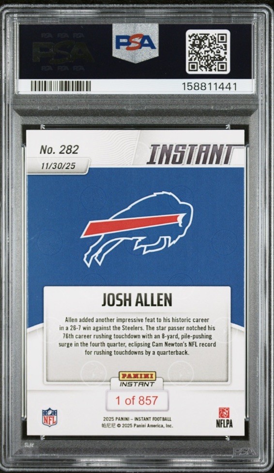 2025 Panini Instant NFL Josh Allen #282 Record Breaker PR /857 PSA 10 GEM MT view 2