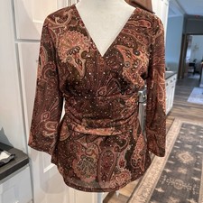Vintage Y2K Brown Floral V-Neck Babydoll Top PM Forest Fairy Sparkle Mesh Goblin