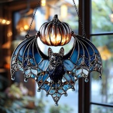 Blue Bat Lantern Suncatcher, Faux Stained Glass Gothic Halloween Home Decor