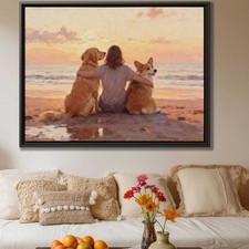 Golden Retriever Corgi Seaside Oil Painting Dog Lover Canvas Wall Art Decor