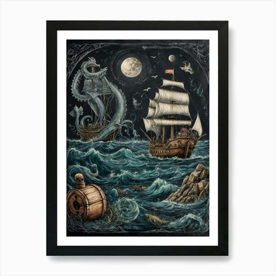 Piratenschiffe bei Nacht Kunstdruck gerahmt Wandbild Poster Leinwanddruck Bild