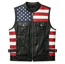 Men's American Flag Leather Vest Black Motorcycle Biker Vest Patriot USA Riding