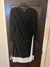 Lauren Ralph LAUREN DRESS Sheath Vintage Black White long sleeve Faux Wrap Sz 16