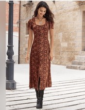 Peruvian Connection Tabriz Button Front Burgundy Brick Floral Midi Maxi Dress