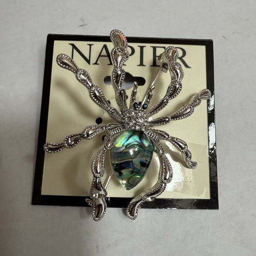 NAPIER Scary Silver Tone Spider Halloween Bug Art Glass Cabochon Pin