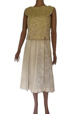 Vtg 1950s 60s 2-pc Ivory Gold Brocade Shell Top Skirt Set Special Occasion S