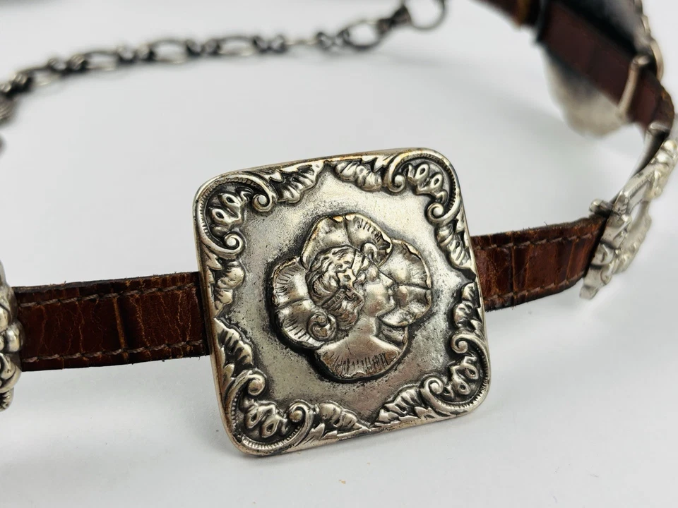 Cinturón de cuero marrón medallón camafeo plata Brighton vintage 1993 talla S Foto 3 de 4