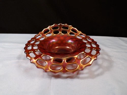 Vintage Fenton AMBER Carnival Glass Jack in the Pulpit Basketweave Bowl