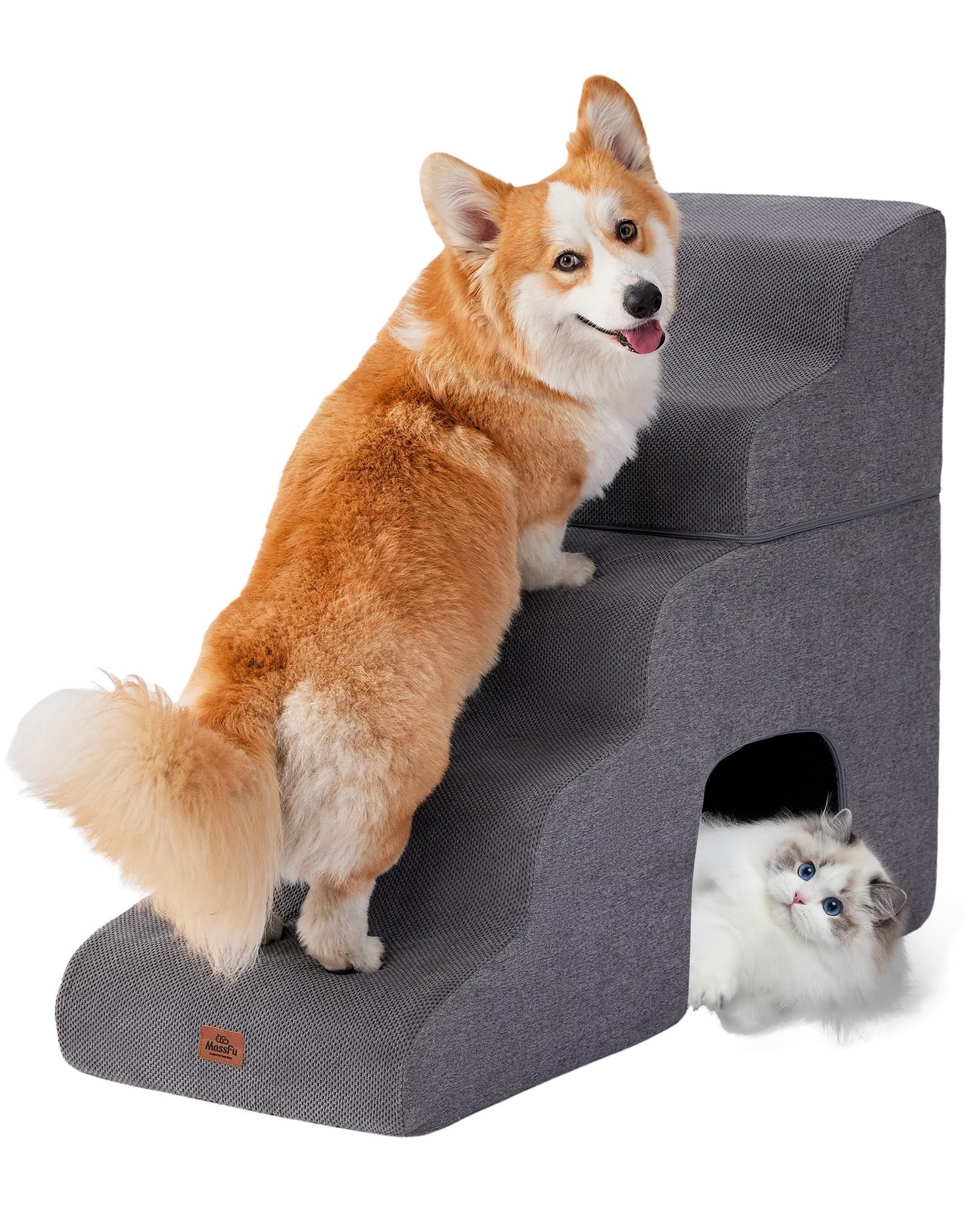 Gray Curved 5-Step Dog Stairs Ramp for High Beds 28.7 Inches Tall for Small Dogs