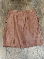 Vintage 80s Brown Genuine Leather Mini Skirt   Side Button Sz M/8