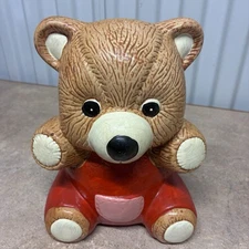 Vintage Hand Painted Ceramic Teddy Bear Bank w/Stopper