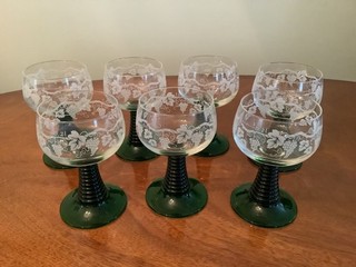 Vintage French 7 Large Wine / Hock Glasses Green Beehive Stem 0.2l