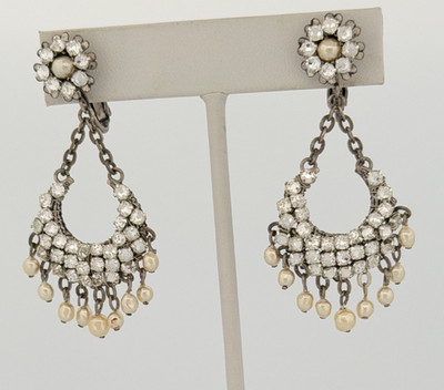 MIRIAM HASKELL VINTAGE EARRINGS SIGNED DANGLE DROP PEARL CRYSTAL CHANDELIER VTG