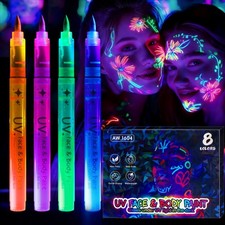 UV Neon Face Body Paint Pens 8 Colors with Stencils Glow in Blacklight