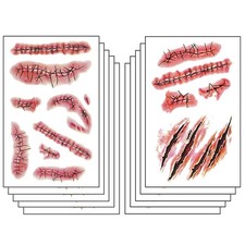 Halloween Temporary Tattoos 3D Body Face Realistic Fake Stitches Tattoo Stick...