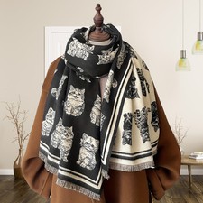 Men Women's Winter Thickened Wool Scarves Cat Printed Warm Scarf Retro Gift