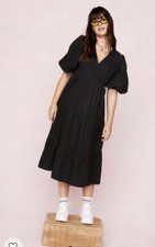 Nasty Gal woven puff sleeve Midaxi wrap Dress In black. UK 6 RRP £59 BNWT