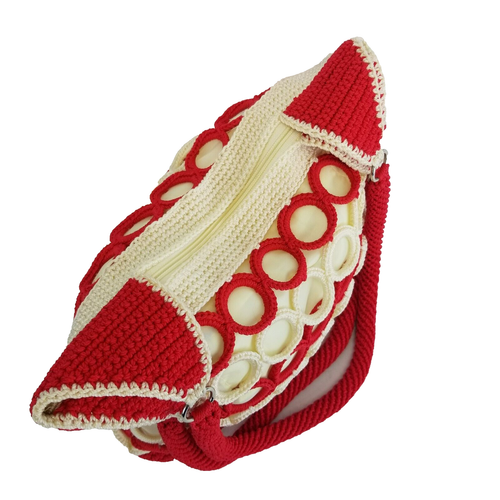 VTG Handmade Crochet Purse Shoulder Bag Lined Red White Rings Zip Pockets Boho - Picture 7 of 15
