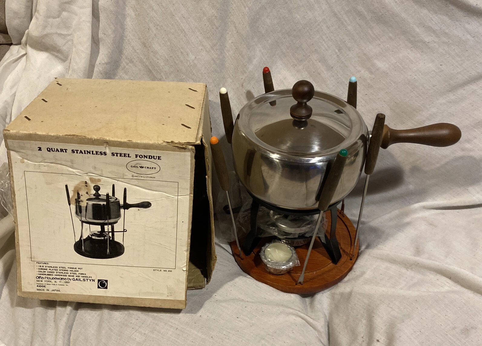 Vintage Gailstyn 2 Quart Fondue Set Stainless Steel w/Hardwood Base * Japan *NEW