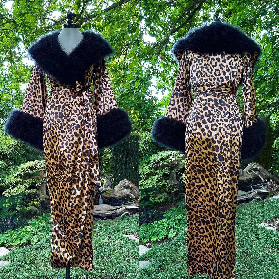 Ladies Bathrobe Fashion Leopard Print Fur Collar Bathrobe Dress Party Custom - Image 2 of 4