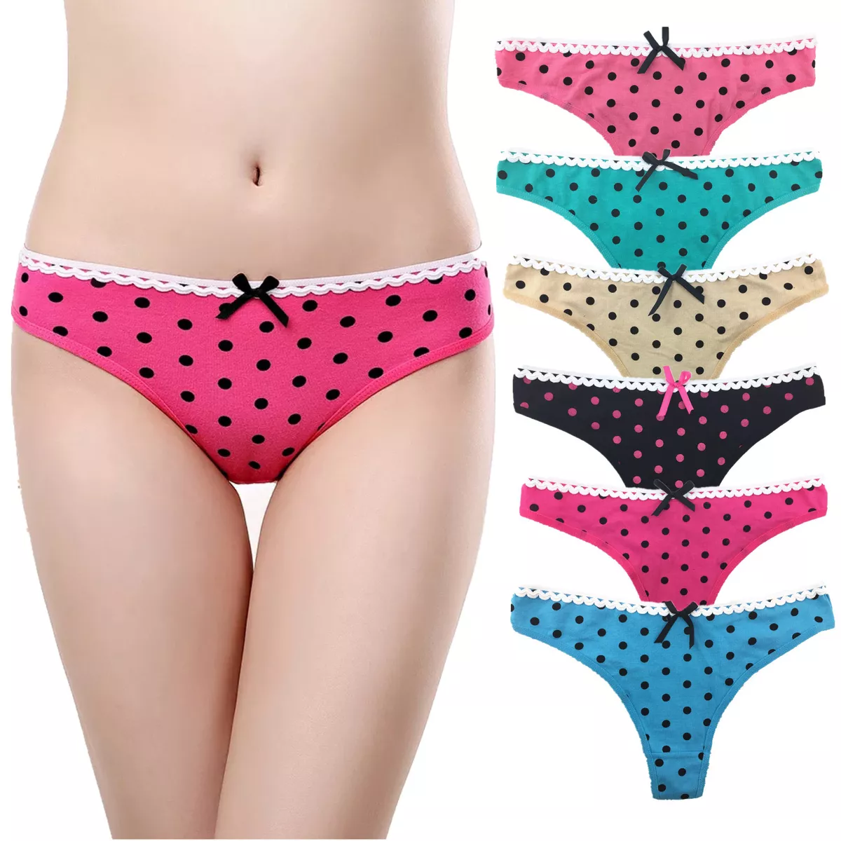 3 6 12 Pcs Lot Women's Cute Dot Cotton Thongs Everday Panties Underwear,XS  S M