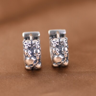 S925 Silver SKULLS Band Huggie Hoop Earrings Gothic Biker Retro PAIR Unisex 4.5g