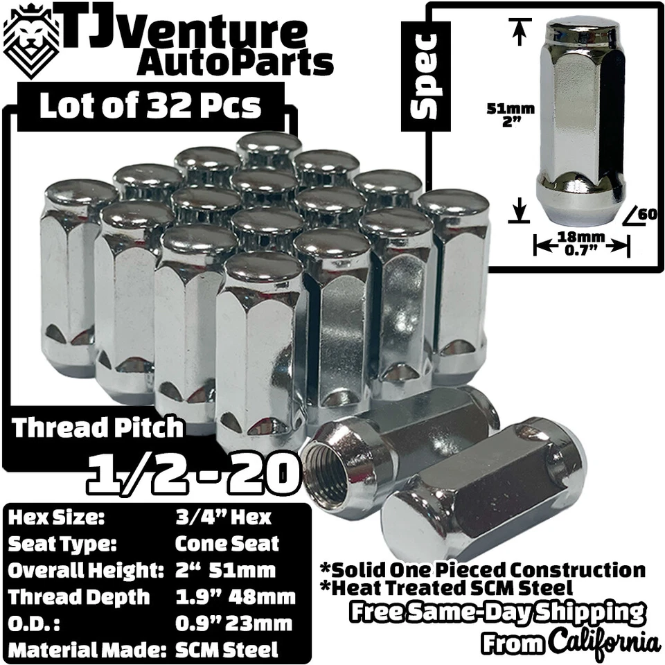 Tuerca de bellota abultada 32 piezas cromada 2" de alto 1/2-20 3/4" hexagonal ajuste antiguo Ford F250 F350 Foto 2 de 4