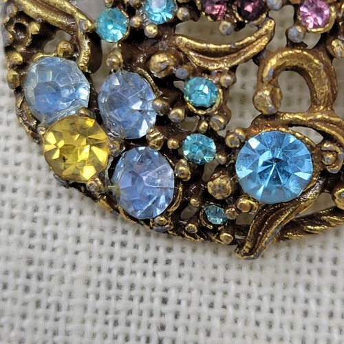 Vintage Costume Jewelry Multicolor Rhinestone Brooch Pin Round Floral Pin - Picture 5 of 15