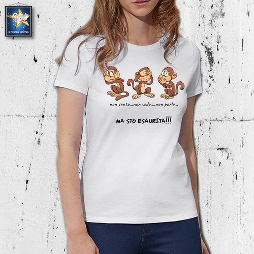 T-shirt MAGLIETTA DONNA tre scimmiette STO ESAURITA IDEA REGALO DIVERTENTE MAMMA - Picture 1 of 4