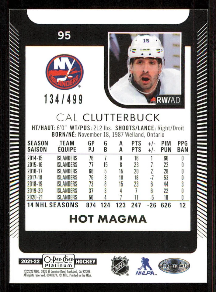 2021-22 O-Pee-Chee Platinum Hot Magma #95 Cal Clutterbuck /499 - Image 2 of 2