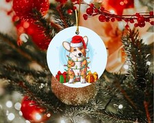 Cute Welsh Corgi Dog Lover Santa Hat Picture on Ceramic Christmas Ornament