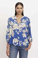 VELVET By Graham & Spencer Destina Printed Button-Up Blouse Cobalt S $178 F4
