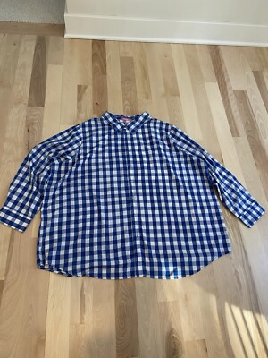 Woman Within 3X Shirt Button Up Blue Checked Cool Cotton Blend